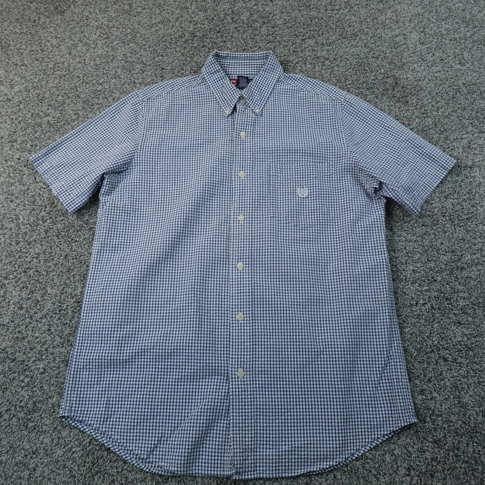 Chaps Shirt Mens M Blue Check Seersucker Button Up Short Sleeve Crest Preppy Top